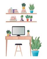 desk with computer and plants vector design