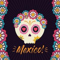 Cabeza de calavera femenina mexicana con diseño de vector de flores