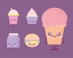 set of kawaii food style on purple background vector