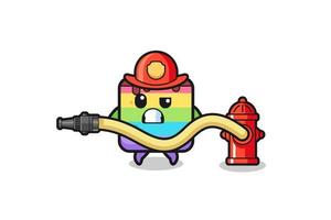 rainbow cake cartoon as firefighter mascot with water hose vector