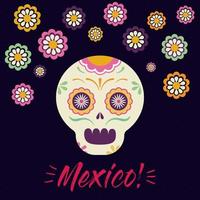 Cabeza de calavera mexicana con diseño de vector de flores