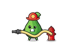 caricatura de aguacate como mascota bombero con manguera de agua vector