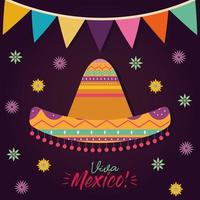 mexican hat with flowers and banner pennant vector design