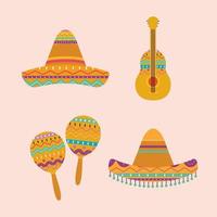 sombreros mexicanos guitarra y maracas diseño vectorial vector