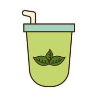Taza de té helado con línea de hojas y diseño de vector de icono de estilo de relleno