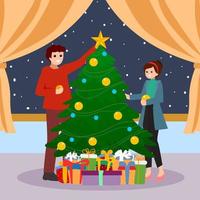 una pareja preparándose para la navidad en casa con concepto de árbol vector