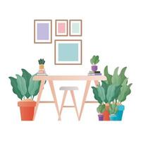 Escritorio con libros, plantas y silla de diseño vectorial. vector