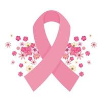 pink ribbon with flowers of breast cancer awareness vector design