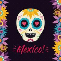 Cabeza de calavera mexicana con diseño de vector de flores