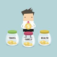 empresario ahorrando dinero para la familia, la salud y los viajes. vector