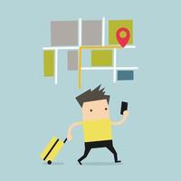 Traveling businessman using map application on smart phone. vector