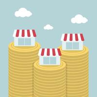 Shop on stack of coins. Flat design business concept. vector