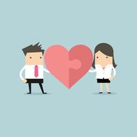 Businessman and businesswoman with heart puzzle. Office love concept. vector