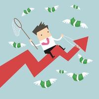 Businessman riding success arrow graph trying to catch money fly. vector