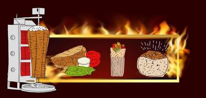 Shawarma cooking and ingredients for kebab. vector