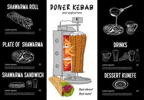 Shawarma cooking and ingredients for kebab. vector