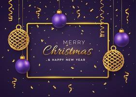 Christmas background with hanging shining golden and purple balls and gold metallic frame. Merry christmas greeting card. Holiday Xmas and New Year poster, cover, banner. Vector Illustration.