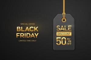 precio de venta de viernes negro. etiqueta negra colgando de una cuerda dorada. etiqueta de descuento sobre fondo negro. diseño de viernes negro, publicidad, precio de marketing. ilustración vectorial 3d realista. vector