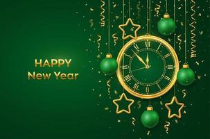 feliz año nuevo 2021. reloj dorado brillante con números romanos y cuenta regresiva medianoche, víspera de año nuevo. fondo verde con estrellas doradas y bolas. Feliz Navidad. vacaciones de navidad. ilustración vectorial. vector