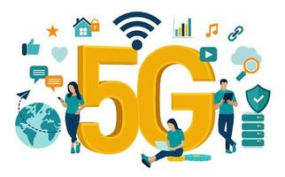 5G Network Internet Mobile technology concept. 5G wireless systems and internet of things . High-speed mobile Internet. Using modern digital devices. Vector illustration with icons and characters.