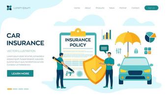 Car Insurance Concept. Car protection and safety assurance. Vehicle collision insurance. Safety from disaster. Colourful flat style vector illustration with characters and icons.