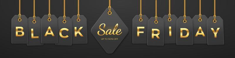 Black friday sale, shopping promotion. Price tag coupons hanging on gold ropes with golden letters for Black Friday discount for decoration on black background. Realistic Vector illustration.