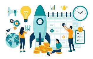 Startup business project launch. Idea through planning and strategy, time management, realization. Teamwork in the startup. Start up concept with spaceship. Flat vector illustration with characters.