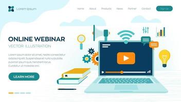 Webinar. Internet conference. Web based seminar. Distance Learning. E-learning Training business concept. Video tutorials. Online courses. Workplace and working on laptop. Vector illustration.