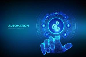 software de automatización. iot y el concepto de automatización como innovación, mejorando la productividad en tecnología y procesos de negocio. mano de estructura metálica tocando la interfaz digital. ilustración vectorial. vector