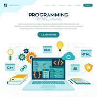 Programming banner, coding, best programming languages. Development and software concept. Computer code with windows on laptop screen. Workplace and working on laptop. Flat vector illustration.