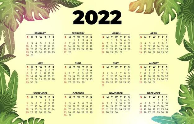 2022 Calendar Template with Green Floral Theme