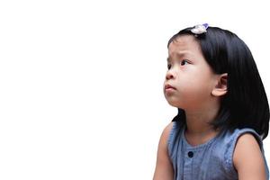 Side view of Asian cute girl child frowned. Kid wondered. On isolated white background. Baby aged 4-5 years old. photo