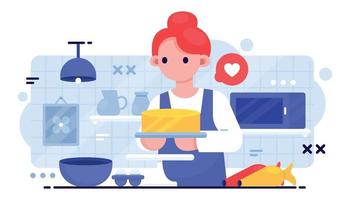 mujer horneando pastel en la cocina vector
