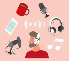 man podcast and headphones vector