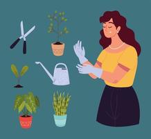 jardinero mujer y herramientas vector