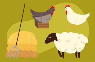 pitchfork and hay with animals vector