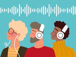 men listening podcast vector