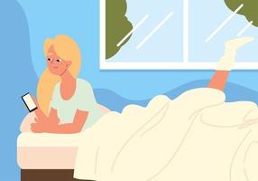 chica con smartphone acostado en la cama vector