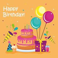 Happy birthday cake with icon set vector