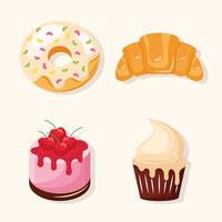 cuatro productos de pastelería dulce vector