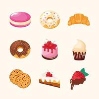 nueve productos de pastelería dulce vector