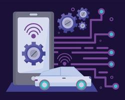 car with wifi signal smartphone and gears vector