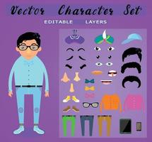 Front view animated characters. Male Students creation set with various hairstyles, face emotions, legs, eye brow , nose, and gestures. Cartoon style, flat vector illustration.