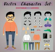 Front view animated characters. Male Students creation set with various hairstyles, face emotions, legs, eye brow , nose, and gestures. Cartoon style, flat vector illustration.