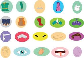 ilustraciones vectoriales del icono de las partes del cuerpo, conjunto de ojos, nariz, labios, boca, turbante, pies, cabello, mano, parte superior del cuerpo, zapatos, gorra, etc. vector