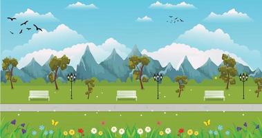 Simple landscape of park with trees and bench, flowers, clouds, birds, road, background, vector illustration in flat design