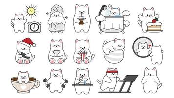 colección de diferentes gatitos lindos sobre un fondo blanco. Conjunto kawaii de diseño de personajes de animales divertidos en estilo de dibujos animados. gato mascota. pegatinas de bebé. ilustración vectorial. vector