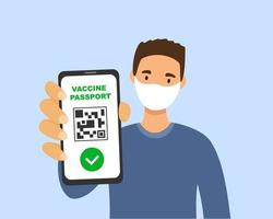 Hombre con máscara médica con código qr en la pantalla del teléfono inteligente en la mano vector