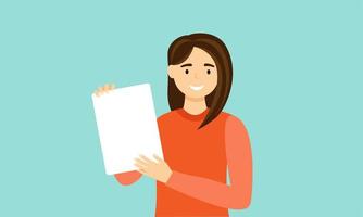 Young woman holding a blank sheet paper in hands vector