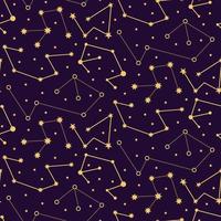 Celestial constellations astrological golden seamless pattern on dark background vector